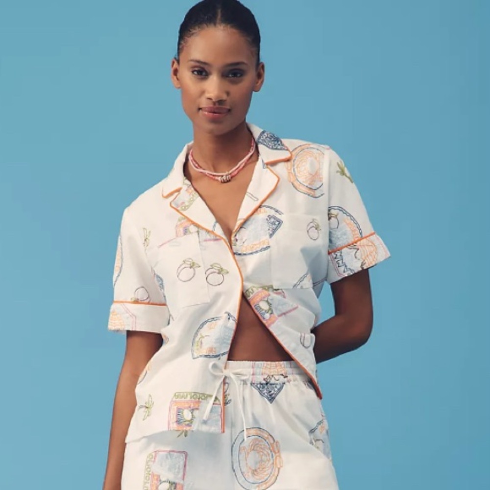Damson Madder White Chlo Linen-Blend Embroidered Buttondown Shirt US 2 NWT